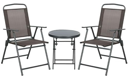Outsunny Garden Bistro Set, 3 Pieces Table and Chairs Set, Outdoor Garden Furniture with Foldable Breathable Mesh Fabric Armchairs & Glass Top Coffee Table, Brown