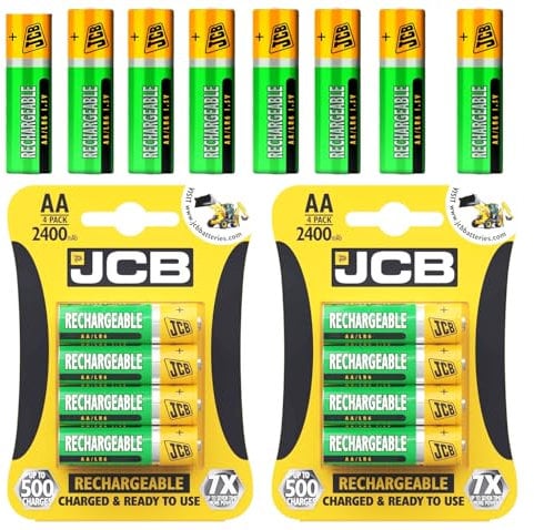 JCB AA Rechargeable Batteries 2400mAh Ni-MH Double A Rechargeable Pre-charged Batteries 1.2 Volt Suitable For | toys | Gaming controllers | remotes | digital cameras | Wireless game pad | [8 PACK]