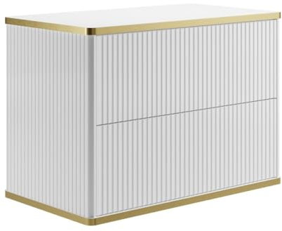 Vente-unique-Mueble de baño Flotante con Rayas con Ribetes Dorados - Blanco - Ancho 80 cm - KELIZA
