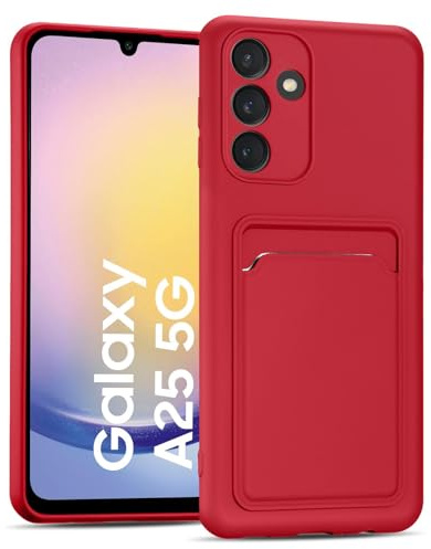 CoolGadget Handyhülle mit Kartenfach für Samsung Galaxy A25 5G Rot | Silikon Case mit Kartenhalter auf der Rückseite, stoßfest, erhöhter Kameraschutz, dünn