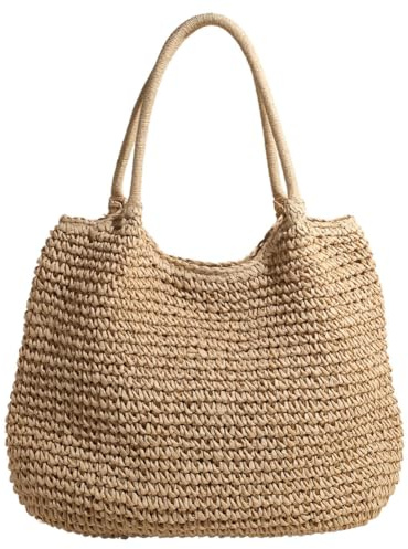 Fiorky Damen-Handtasche, gehäkelt, Strandhandtasche, großes Fassungsvermögen, Retro-Strohhandtasche, Haspenverschluss, einfache Webhandtasche, Damen-Sommer-Tagestasche (Beige)