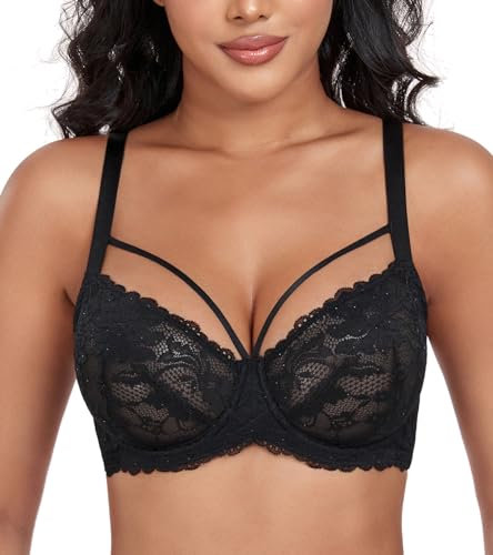 DotVol Damen Große Größen Minimizer BH Durchsichtige Ungepolsterte Spitze Unterwäsche Alltag Bra mit Schnürung(Schwarz, 90D)