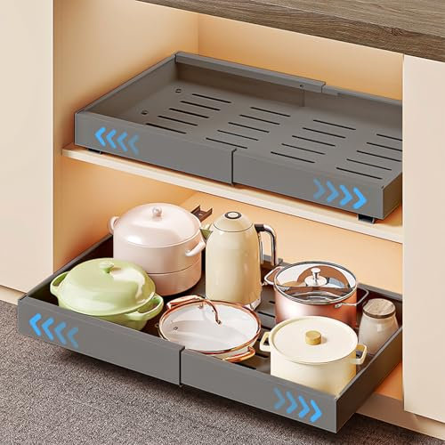 ZPONEED 2er Set Teleskopschublade, Erweiterbar Schubladen-Aufbewahrungsregale für Küchenschränke mit Klebefolie, Ausziehbare Schublade (32–48 cm B x 42 cm T x 6 cm H), Kein Bohren, Grau