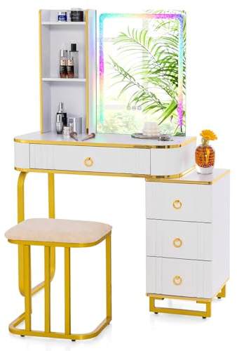 COSTWAY Toeletta da Trucco con Luci, Set Tavolo da Trucco con Sgabello 4 Cassetti, 7 Colori Regolabili di Luce, Porte USB, Telecomando, per Soggiorno Camera da Letto (Bianco)