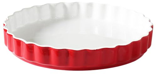 TAMUME Moule à tarte en porcelaine extra large de 28 cm de diamètre avec bord cannelé élégant pour tartes Rouge