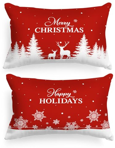 Lanpn Weihnachtskönigin-Kissenbezüge, 50,8 x 76,2 cm, Rot, Weihnachtsbaum-Schneeflocke, Lendenkissenbezüge, 50,8 x 76,2 cm, lang, rechteckig, Queen-Size-Kissenbezüge, 2 Stück