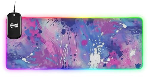 Powder Blue Splash Ink Painting Wireless Charging Glowing Anime Animal Pad Mat for Keyboard and Animal Gaming Mousepad Large Smooth Desk Top 80.0x30.0 cm