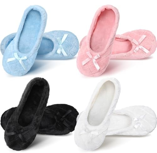 Geyoga 4 Pairs Women's Slippers Ballerina Ballet with Satin Bow Tie Non Slip Slippers Ballet House Socks for Wedding Housewarming(8-9)