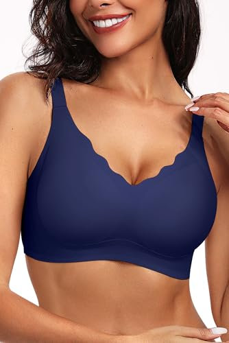 Vertvie Bras for Women Non Wired Seamless Wireless Push Up Bra Comfort Support Full Coverage Bralettes Scalloped Padded Sports Everyday Bra (Blue Navy,M)