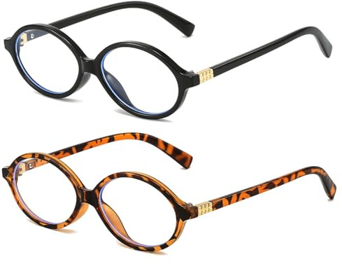 LJCZKA 2 Paar Ovale Blaulichtfilter Brille Damen Herren Kleine Ovale Brille Ohne Stärke y2k Anti-Müdigkeit für PC, TV und Handy