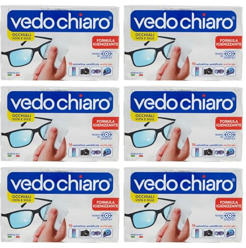 Vedo Chiaro 16 Salviettine Umidificate Monouso Studiate per la Pulizia delle Lenti degli Occhiali, da Vista e da Sole, degli Smartphone, dei Tablet e PC Portatili etc (6 CF da 16)
