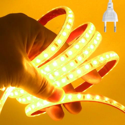 HEGEHE Conexión a AC220-240V Tira de LED,120LEDs/m SMD2835 Flexible Superbright Tira de luz LED cadena de luz de cuerda Autoadhesiva con enchufe para Navidad(2m, Amarillo Dorado)