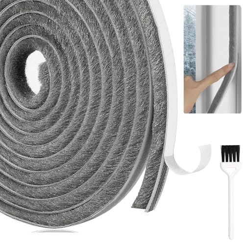Draft Excluder for Doors, Draught Excluder for Doors, 5Meters(L) X 9mm(W) X 5mm(T) Draft Excluder Tape with Brush Self-Adhesive Windows Seal Strip Draught Excluder Air Stopper for Doors, Window, Gray