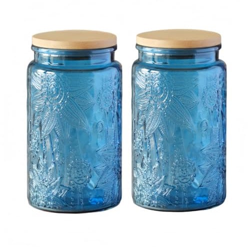 ANSQU Set aus 2 Vintage-Glasbehältern, 1000ml Süßigkeitengläser mit Deckeln, Vintage-farbiges Einmachglas für Küchendeko-Aufbewahrung für Kaffee, Tee, Süßigkeiten, Kekse (Blau, 2 Stück)