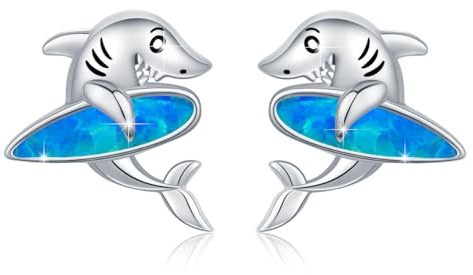 TRISHULA Hai Steck Ohrringe 925 Sterlingsilber Opal Grinsender Hai Surf Ozean Tier Schmuck Geschenke für Männer Damen