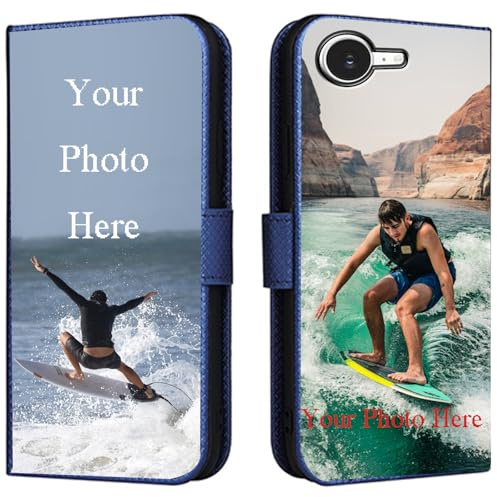 FortiCase Personalised Phone Case for iPhone 7,PU Leather Flip Cover,with Card Slots,Holder Cases,Design Your Own Photo Image,Text Personalised Case - Blue-LN4