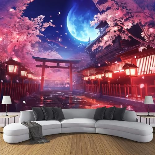 Fototapete 3D Anime-Stil Effekt Panorama-Tapete,300 X 210 Cm (B X H) Dreidimensional, Seidenmaterial, Nachtszene Mit Rosa Kirschblüten,Geeignet Für Die Wanddekoration Von Wohnzimmer Und Schlafzimmer