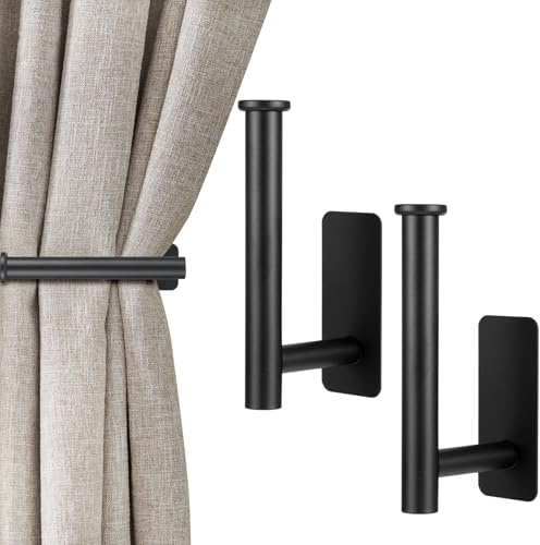 YUFFQOPC 2Pcs Black Curtain Tie Backs - Curtain Holdbacks Self Adhesive | L Shaped Stainless Steel Tie Backs for Curtains with Square Base,Curtain Tiebacks No Drill for Bedroom, Living Room