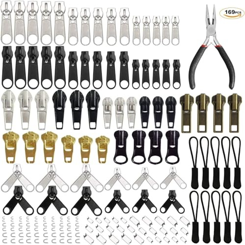 169 Piece Zipper Repair Kit with Pliers, Sliders and Stops | Mixed Size 3, 5 And 8 Zipper Components For Compatible Clothing, Bags, Tents And Luggage Repairs