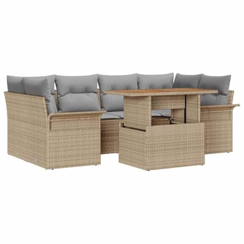 vidaXL Garten-Sofa-Set mit Speicher 7 pcs Beige Poly Rattan, Garten und Terrasse, modernes Sofa-Set, langlebige Gartenmöbel, modulare Sitzgelegenheit, Akazien-Holztisch, Rattan-Style