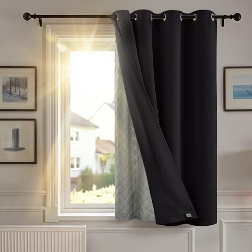 TOPICK Black Blackout Thermal Curtain with Removable Insulate Layer W52xL54 | 1 Panel, Windproof, Soundproof Eyelet Curtains, 2 Layer Thick Microfiber Lining for Bedroom, Living Room, Door, Window