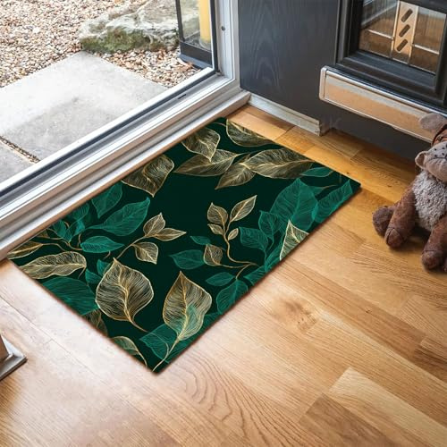 Luxury Design Door Mats Indoor, Machine Washable Hand-Painted Leaves Doormats, Dirt Trapper Mat, Absorbent Entrance Rug, Non-slip Floor Mats for Inside, Front Back Door (80 x 120 cm, Emerald Green)