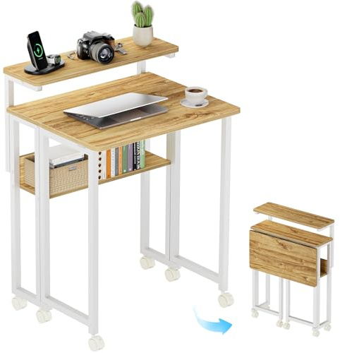 GreenForest Folding Desk with Adjustable Monitor Stand, 24.8 in Small Desk | Storage Shelf, Lockable Wheels, Portable, Space Saving, Mobile Rolling Table for Small Spaces, Home Office, Writing, Oak