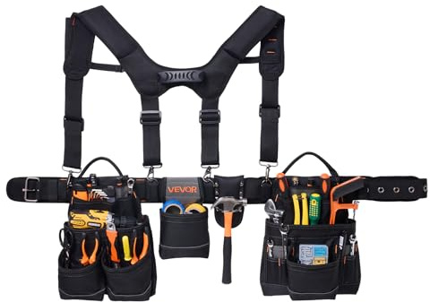 VEVOR Cintura Porta Attrezzi da Lavoro con 19 Tasche e Bretelle, Cintura Portautensili Regolabile da 80-131 cm, Supporto di Sospensione Staccabile per Elettricisti, Carpentieri, Edilizia
