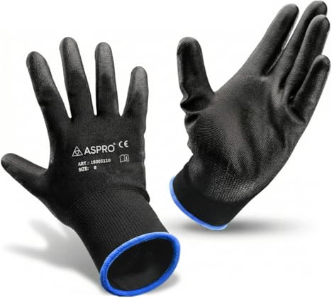 ASPRO Arbeitshandschuhe 10 Paar - Gartenhandschuhe - Schwarze Nylon-Handschuhe mit PU-Beschichtung für Bauarbeiter, Gärtner, Mechaniker, Bauarbeiter, Lagerarbeiter etc. Größe 8 (M)