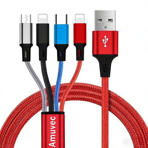 Amuvec Cavo di Ricarica USB 3A, 4 in 1 1.2M Intrecciato con Connettori di 2*iP/Tipo C/Micro USB, Cavo di Ricarica Rapida per Phone 17 16 15, Samsung Galaxy, Honor View, Sony, Moto, Xiaomi, Kindle, PS5