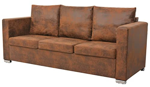 Mhdvray 3-Sitzer Sofa 191x73x82 cm Vintage-Wildleder-Optik Holzgestell braun abnehmbare Kissen einfache Montage Wohnzimmer Jugendzimmer Küche Büro