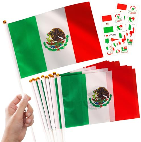 10 Piezas Banderas Pequeñas de México con Palo & 2 Tatuajes, Mini Bandiera mexicana de Mano con Varilla para Mundial Fútbol 2026 Día de la Independencia Olimpiadas Desfile Decoración Adornos