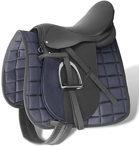 QUAHEAS Horse Riding Saddle Set 17.5 Inch Genuine Leather Black 18 cm Chamber Width 5-in-1 Set with Stirrup Strap Saddle Cover Versatile Riding Saddle for Dressage and Jumping