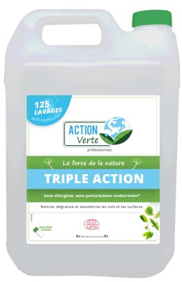 ACTION VERTE - Triple action - Nettoie, désodorise et dégraisse les sols - sans traces et fait briller - Formule naturelle - Label Ecocert - Bouchon doseur - 125 lavages - 5L - Fabrication française