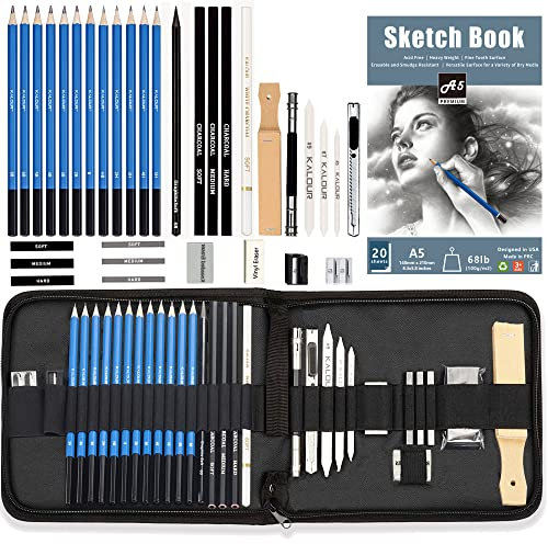 KALOUR 34pc Art Kit with Sketchbook - Sketching Pencil, Charcoal, Graphite, Eraser, Charcoal Stick in Zippered Case
