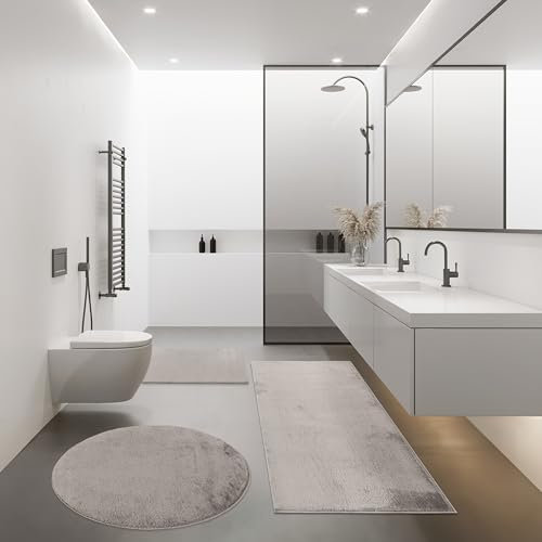 Paco Home Badezimmerteppich Badematte Badteppich Waschbar rutschfest Weich Modern Einfarbig, Grösse:Ø 80 cm Rund, Farbe:Grau