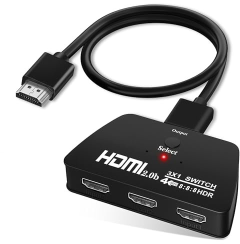 HDMI Switch, 4K@60HZ HDMI Switch 3 in 1 Out 【mit 1.2M HDMI Kabel】 HDMI Switch 4K Unterstützt 4K@60HZ, 3D, HDCP2.2, HDR10, HDMI Umschalter für HDTV, Laptop, PC, Spielkonsole, PS3/4/5, Blu Ray Player