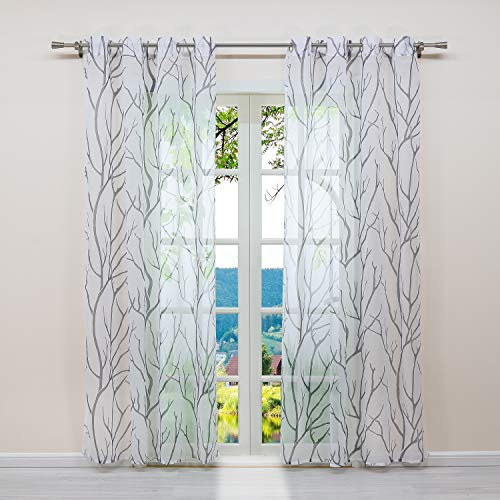 ESLIR Gardinen mit Ösen Vorhänge Fensterschal Transparent Ösenschal mit Zweige Muster Voile Weiß-Grau BxH BxH 140x145cm1 Stück