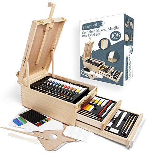 Elements Juego completo de arte de caballete de medios mixtos, juego de pintura de artista de 108 piezas para acrílico y dibujo, pintura y bocetos, kit de pintura de caja de caballete de madera de 3