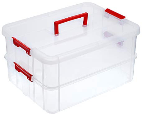 SUMNACON 2-Tier Stackable Craft Storage Box Plastic Adjustable Storage Containers with Carry Handle Transparent Containers Organiser for Art & Craft Toys, Sewing Accessories, Red