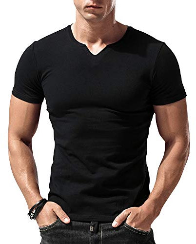 Hombres Ajustado Manga Short Henley Camiseta Casual Cuello Pico Camisetas Algodón T2307 Negro X-Large