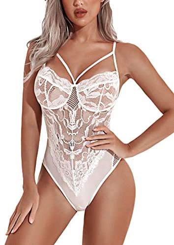 Aranmei Sexy Lace Lingerie Bodysuit Mesh Teddy Lingerie for Women Deep V Neck One Piece Babydoll Outfits White S