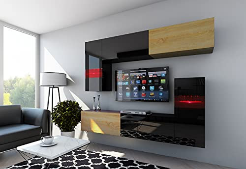 Furnitech Wohnwand Wohnzimmer | Wohnzimmer Möbel mit LED Weiß | Hängend Wohnwand Modern | Wohnzimmer Schrankwand mit Regale und TV Schrank (Future C31-HGM-BD-48 1A)
