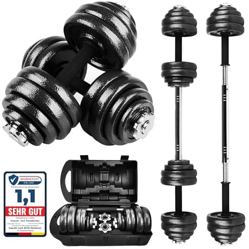 unycos - 2-in-1 Verstellbare Hanteln mit Übungs-E-Book, Gewichtsset mit Verbindungsstange und 30 kg Schweren Eisenplatten, Aufbewahrungskoffer, Heim-Fitnessstudio (Iron Transformer)