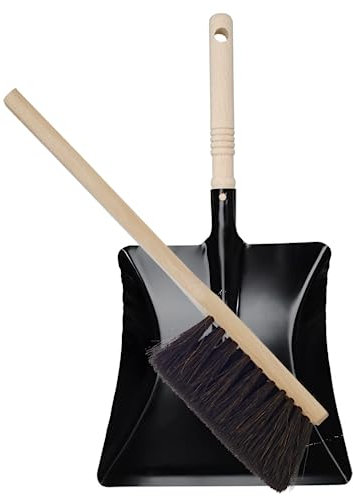 cleanling Kehrgarnitur 129200, Handfeger Arenga Extra Voll & Kehrschaufel im Set, Handfeger aus Naturhaar für Werkstatt, Lager- und Fabrikhallen, Gärten, Garagen, Schwarz, Länge: 46 cm, 2 Stück