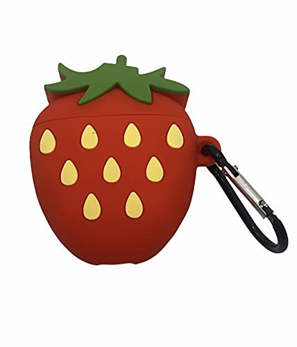 Custodia compatibile con AirPods Case 2&1, design fragola, con moschettone, supporto di ricarica wireless