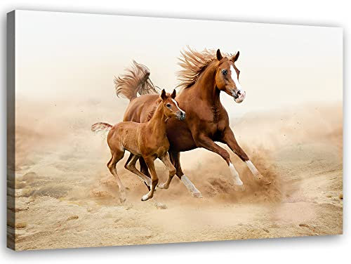 Feeby Vlies Leinwandbild Laufen Fohlen Stute Pferde 60x40 cm Wanddeko Design Kunstdruck Zimmerdeko Bilderwand Wild Herde Sand Frei Braun