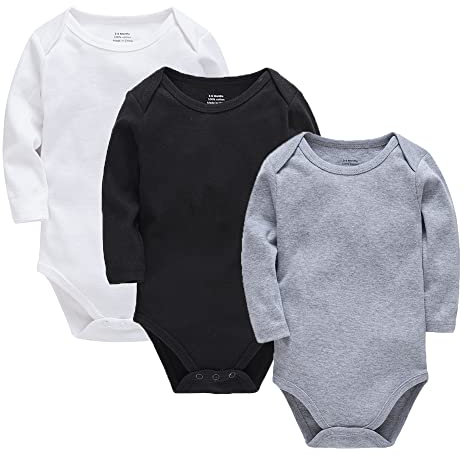 wocharm Long Sleeve Baby Bodysuit Vests Infant Solid Clothes for Boys and Girls 3 Pack(Black+Grey+White,18-24Months)