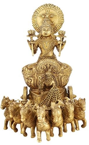 Pink Peony Statue des Herrn Surya Sonne auf seinen sieben Pferden, Messing, groß, 27,9 cm, 6,9 kg