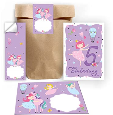 Junapack 12 Einladungskarten zum 5. Kindergeburtstag fünfte Geburtstag Mädchen Ballerina incl. 12 Umschläge, 12 Tüten/natur, 12 Aufkleber